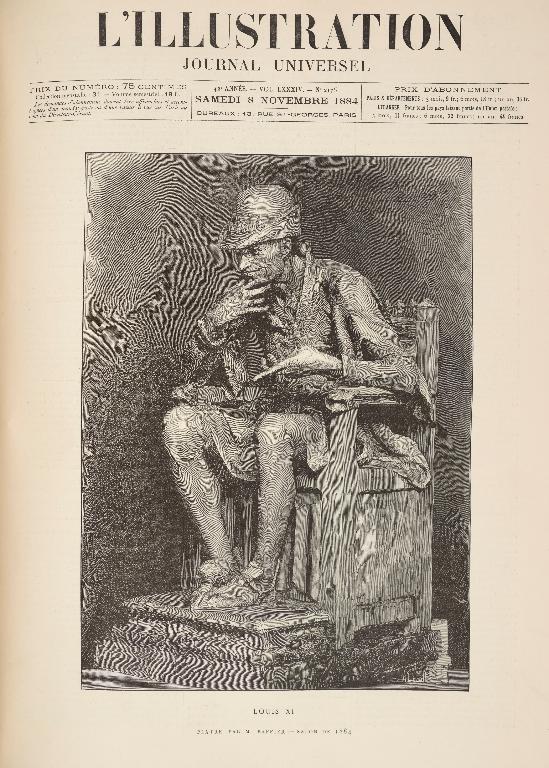 Statue de Louis XI (Jean Eugène Baffier, 1884, Bourges, square de la poste). Couverture de L'Illustration, n° 2176, 8 novembre 1884 (Bibliothèque municipale de Blois - Agglopolys). ; "Louis XI"  : couverture de l'Illustration, n° 2176, 8 novembre 1884. (Bibliothèque municipale de Blois, Agglopolys).