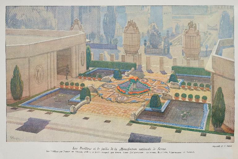 "Les pavillons et le jardin de la manufacture de Sèvres" à l'Exposition internationale des Arts Décoratifs de Paris en 1925 (aquarelle signée de Henri Rapin).