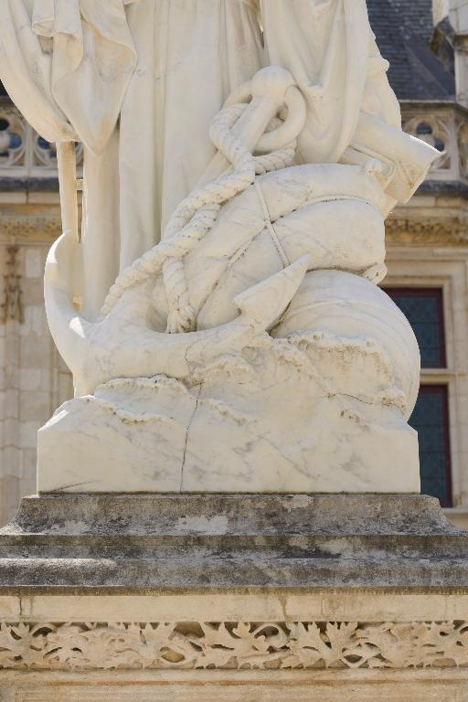 Détail des attributs à l'arrière de la statue : vagues, ancre, globe terrestre et ballot.