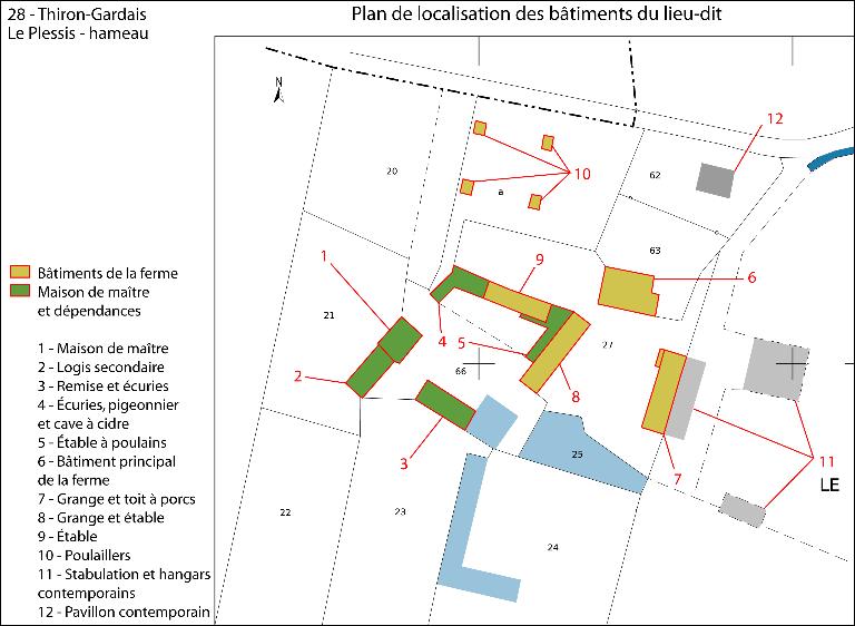 Plan de localisation des bâtiments du lieu-dit (fond : plan cadastral de 2014). ; Ferme du Plessis, plan masse.