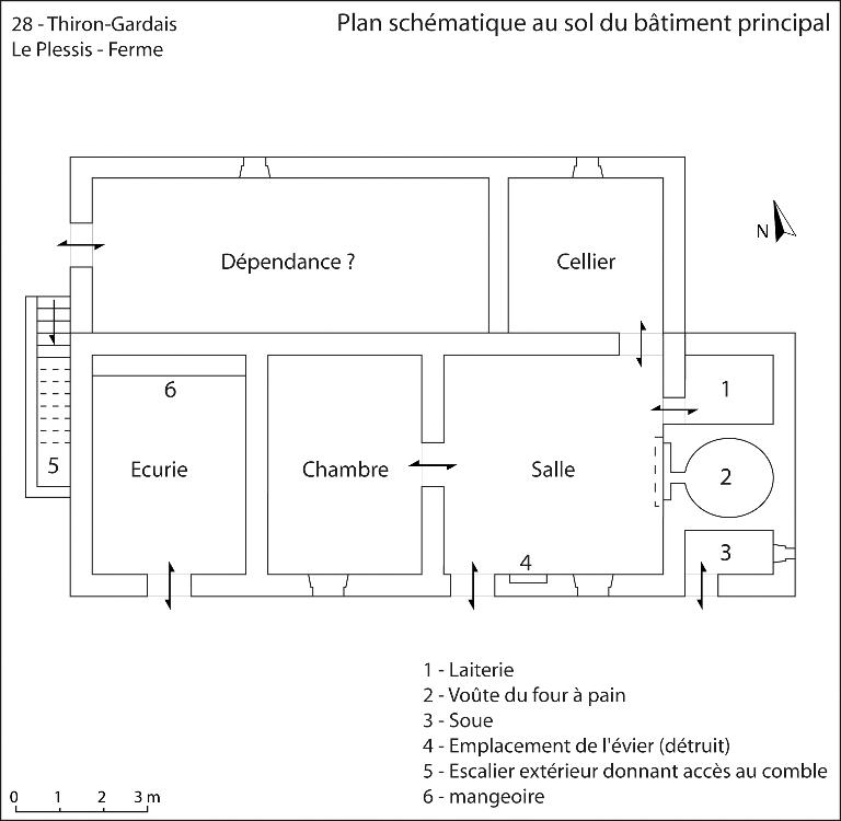 Plan schématique au sol du bâtiment principal de la ferme. ; Ferme du Plessis, plan schématique au sol du bâtiment principal.