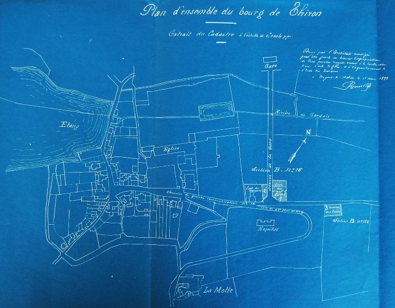 Plan d'ensemble du bourg de Thiron avec l'emplacement projeté de la future école de filles (dressé par l'architecte Arthur Joseph Proust en 1899).