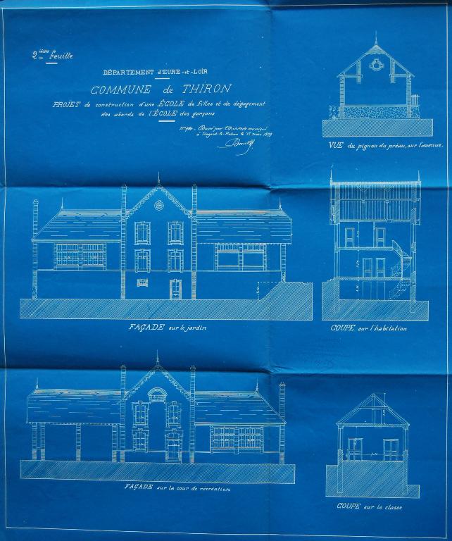 Projet de construction de l'école de filles et de dégagement des abords de l'école des garçons, coupes et élévations de l'école de filles (dressées par l'architecte Arthur Joseph Proust en 1899).