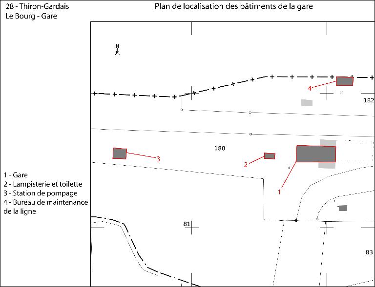 plan de localisation des bâtiments de la gare (fond : plan cadastral de 2014).