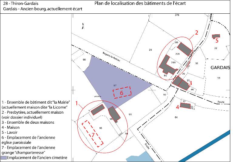 Plan de localisation des bâtiments du lieu-dit (fond : plan cadastral de 2013, section ZB, ZC, ZI).