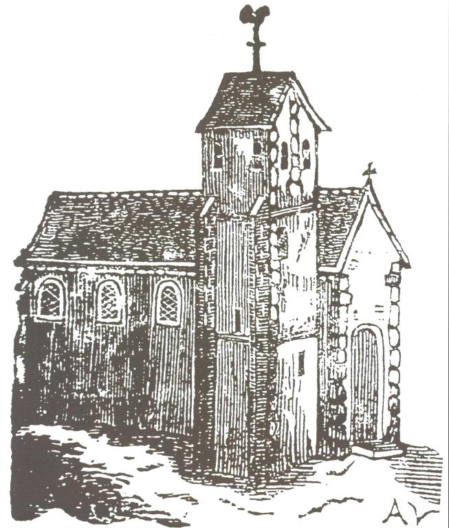 Essai de reconstitution de l'église de Gardais (dessin d'Arsène Vincent, 19e siècle).