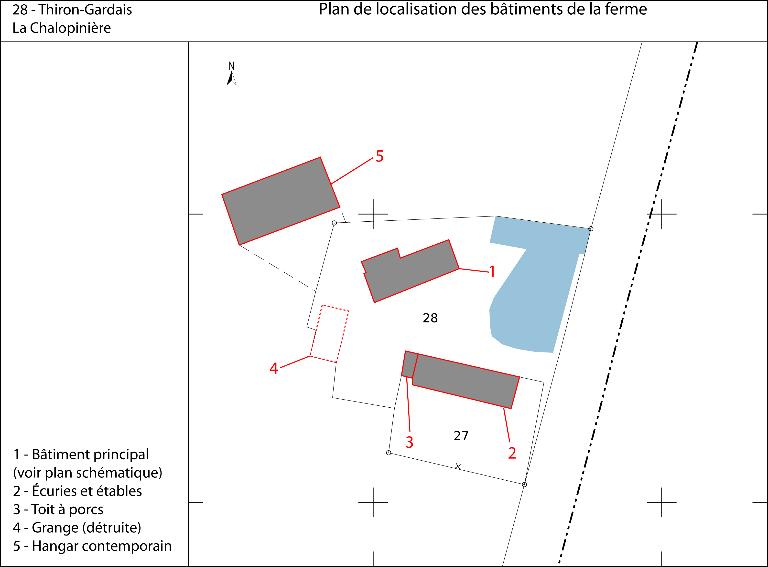 Plan de localisation des bâtiments de la ferme (fond : plan cadastral de 2013, section ZM).