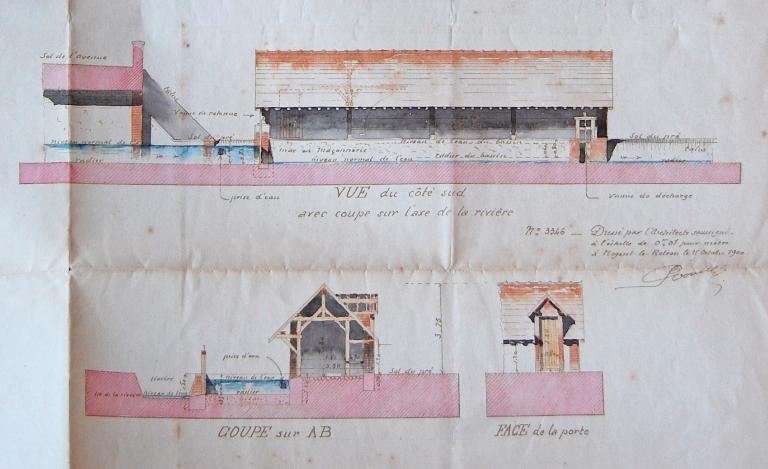 Projet de construction du lavoir communal, coupe et élévation dressées par l'architecte Arthur-Joseph Proust en 1900.