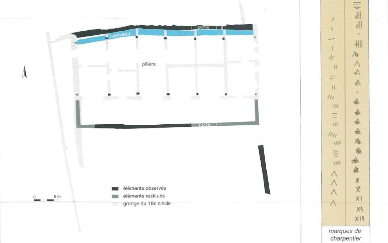 Plan de la grange au 15e siècle, réalisé par Béatrice Barsollier et Patrick Neury en 2004.