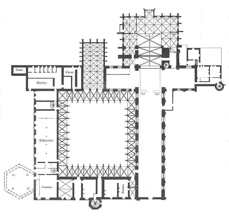 Plan au sol de l'abbatiale, du corps de logis du collège et des bâtiments conventuels, dressé par Dom Hilaire Pinet en 1651 et repris par Youri Carbonnier. ; Plan au sol de l'abbatiale, du corps de logis du collège et des bâtiments conventuels, dressé par Dom Hilaire Pinet en 1651 et repris par Youri Carbonnier.