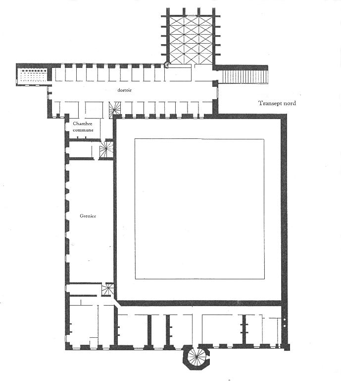 Plan de l'étage des bâtiments conventuels, dressé par Dom Hilaire Pinet en 1651 et repris par Youri Carbonnier.