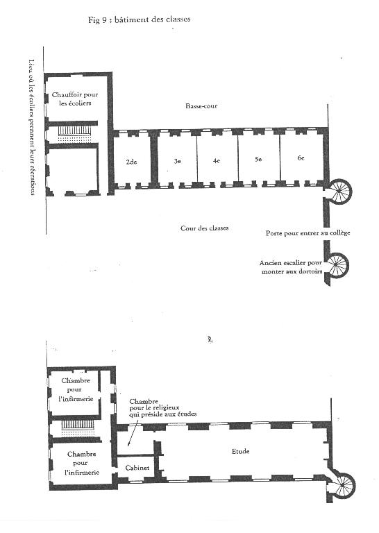 Plan du bâtiment de classes (rez-de-chaussée en haut, étage en bas), dressé par Dom Hilaire Pinet en 1651 et repris par Youri Carbonnier.