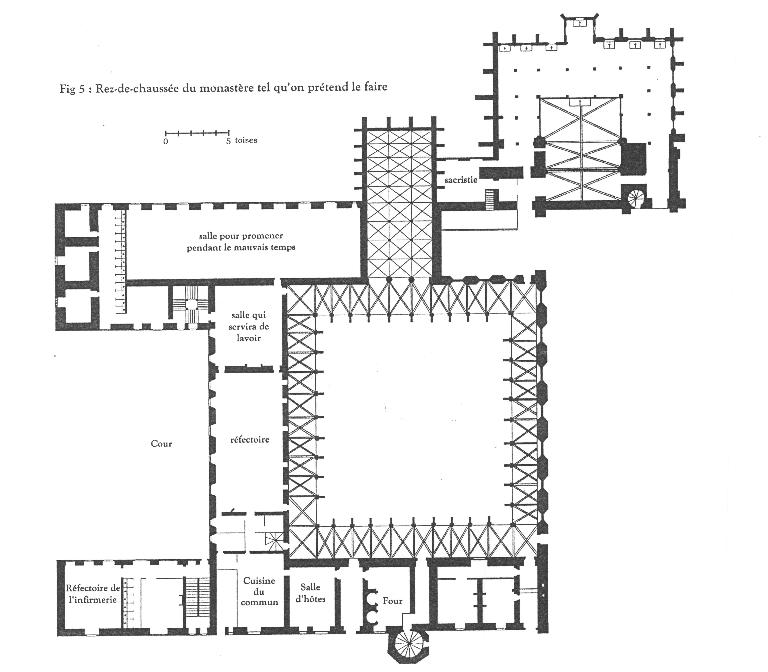 Projet de transformation de l'abbaye, rez-de-chaussée des bâtiments conventuels dressé par Dom Hilaire Pinet en 1651 et repris par Youri Carbonnier.