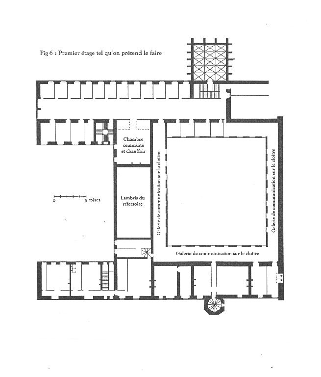 Projet de transformation de l'abbaye, étage des bâtiments conventuels dressé par Dom Hilaire Pinet en 1651 et repris par Youri Carbonnier.