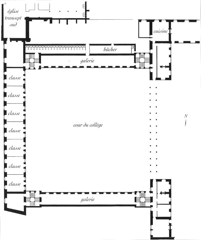 Projet de transformation de l'abbaye, rez-de-chaussée du collège dressé par Dom Hilaire Pinet en 1651 et repris par Youri Carbonnier.