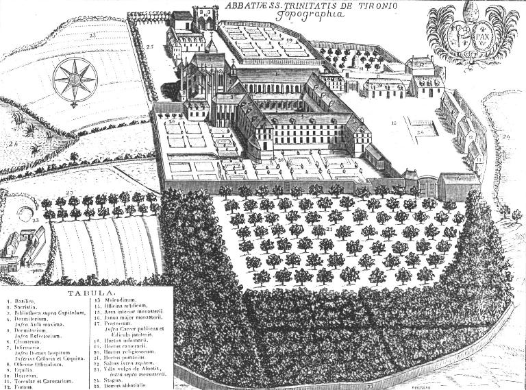 Gravure de l'abbaye réalisée par le prieur Dom Huet en 1780. ; Gravure de l'abbaye réalisée par le prieur Dom Huet en 1780.