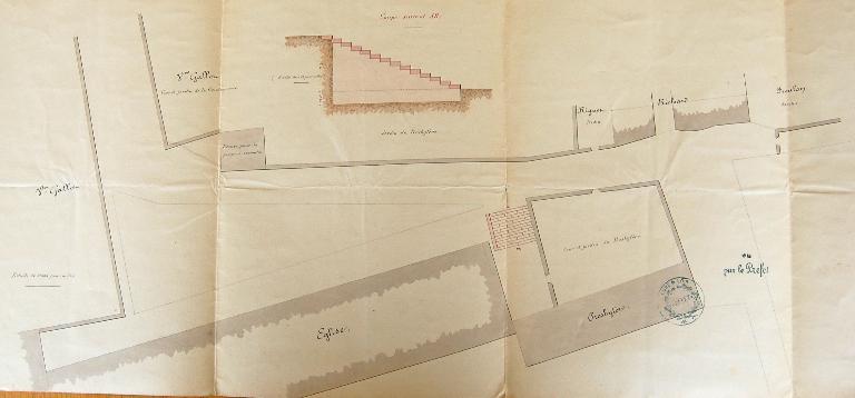 Reconstruction d'un escalier donnant accès à l'église, plan dressé par M. Enault, cantonnier chef des Ponts et Chaussées et du service vicinal, en 1875.