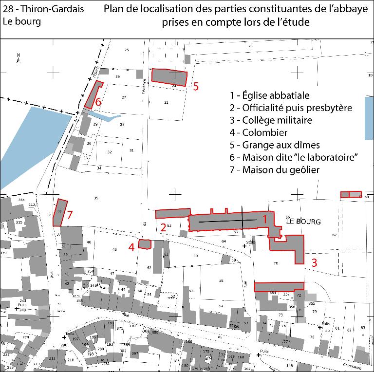 Plan de localisation des parties constituantes de l'abbaye (fond : plan cadastral de 2014).