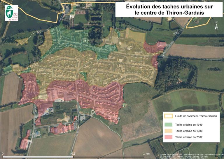 Évolution des taches urbaines du bourg de Thiron-Gardais, réalisé par Alexis Bodet en 2011.