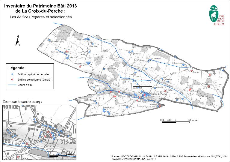 Maisons et fermes à La Croix-du-Perche - Carte synthétique des édifices repérés et sélectionnées.