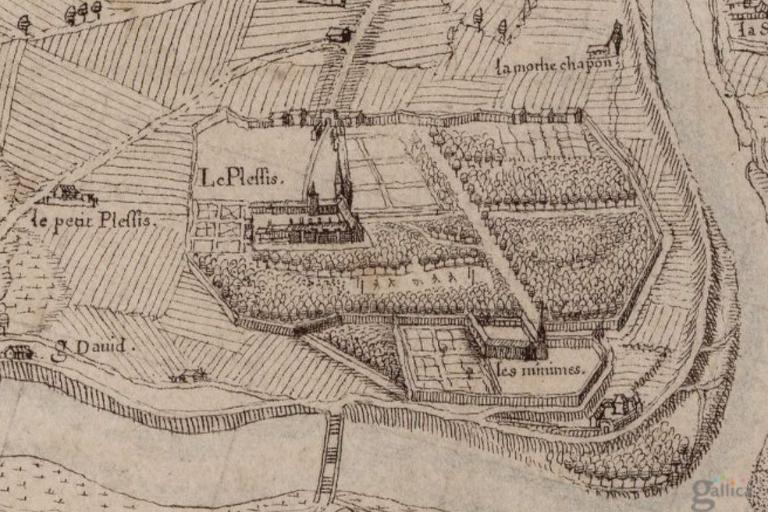 Le Plessis en 1619 sur une "carte particulière de Tours avecq le paisage mis en relief" par R. Siette (BNF, Gallica) ; Situation du couvent au 17e siècle ; La (Motte) Chapon sur un plan du 17e siècle. .