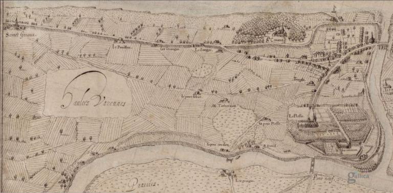 Le territoire de la Riche en 1619 (BNF, Gallica) ; Le ruau Sainte-Anne sur une carte de 1619 (Bibliothèque nationale de France, Gallica, GE DD-2987 (1192)).