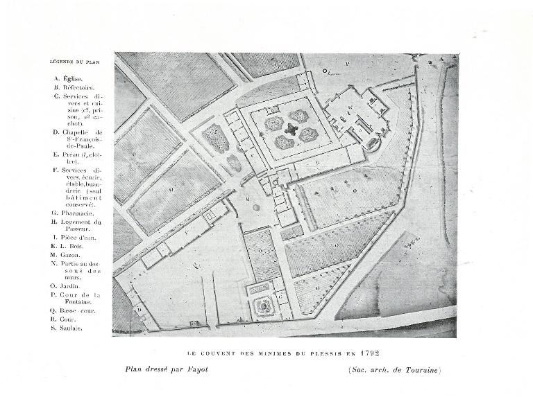 Plan du couvent des Minimes du Plessis en 1792 (Société archéologique de Touraine).
