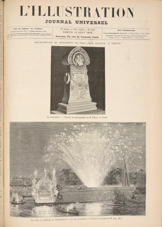 Fêtes d'inauguration du monument à Paul Louis Courier à Véretz, 10 août 1878 (couverture de l'Illustration, même date, n° 1850, Bibliothèque municipale de Blois - Agglopolys).