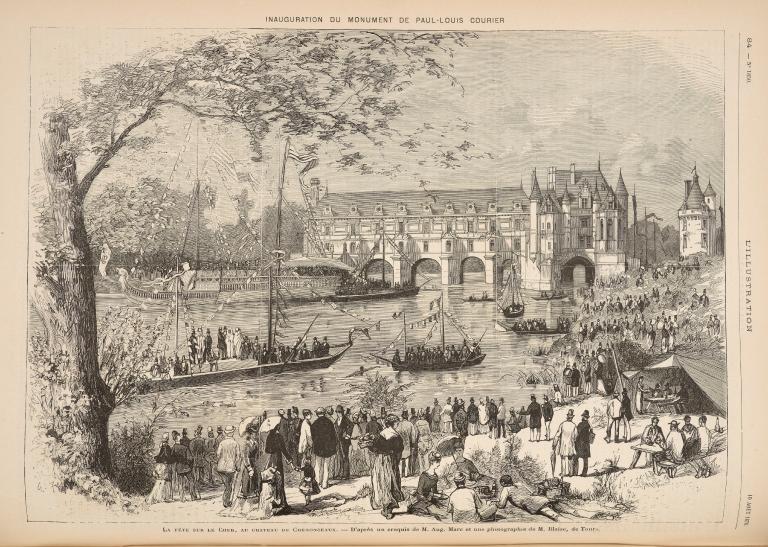 Fêtes d'inauguration du monument à Paul Louis Courier à Véretz : la salle de banquet devant le château de Chenonceau, 10 août 1878 (gravure en page intérieure de l'Illustration, même date, n° 1850, Bibliothèque municipale de Blois - Agglopolys).