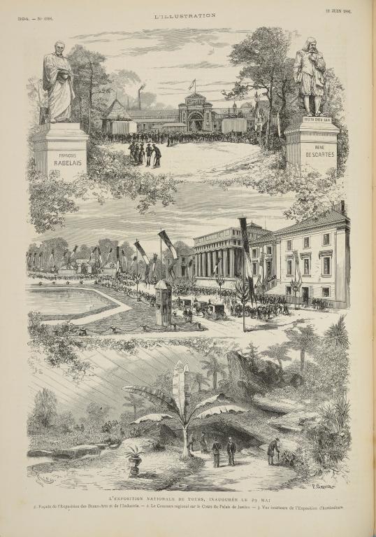 Concours pour la statue de Rabelais à Tours (L'Illustration, n° 1998, 11 juin 1881, p. 394, Bibliothèque municipale de Blois - Agglopolys). ; Concours pour la statue de Rabelais à Tours, àdroite, la statue de Descartes (L'Illustration, n° 1998, 11 juin 1881, p. 394, Bibliothèque municipale de Blois - Agglopolys).