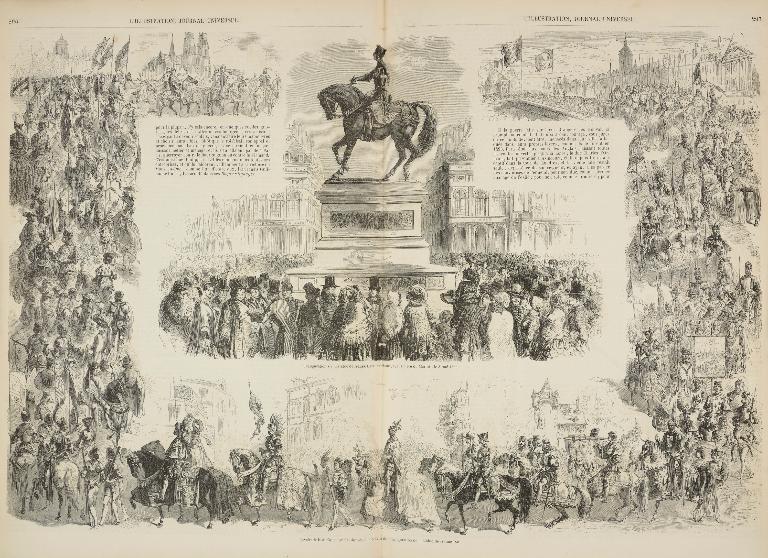Article avec gravures du journal l'Illustration, rendant compte des fêtes d'inauguration du monument à Jeanne d'Arc pendant les fêtes Johanniques de 1855. 12 mai 1855, p. 296 et 297. (Bibliothèques de Blois - Agglopolys).
