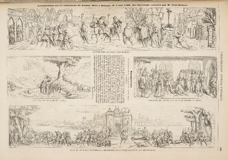 Gravures du journal l'Illustration représentant les quatre reliefs de Vital-Dubray inaugurés le 7 mai 1860. (Bibliothèques de Blois - Agglopolys).