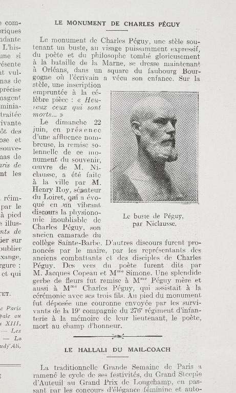 Le Monument de Charles Péguy, avec photographie du buste. (Article de l'Illustration, n°4557, 5 juillet 1930, Bibliothèque Municipale de Blois - Agglopolys).