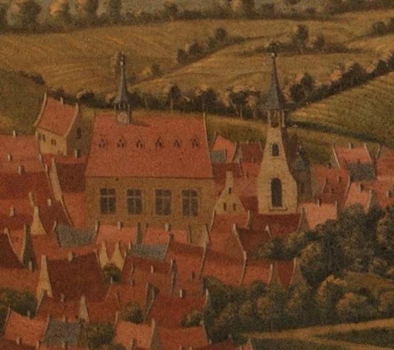 Le premier étage des halles, vu de l’ouest après 1624. Peinture (copie). (Musée-Château Saint-Jean, Nogent-le-Rotrou). ; Détail de la vue de Villebon (17e siècle).