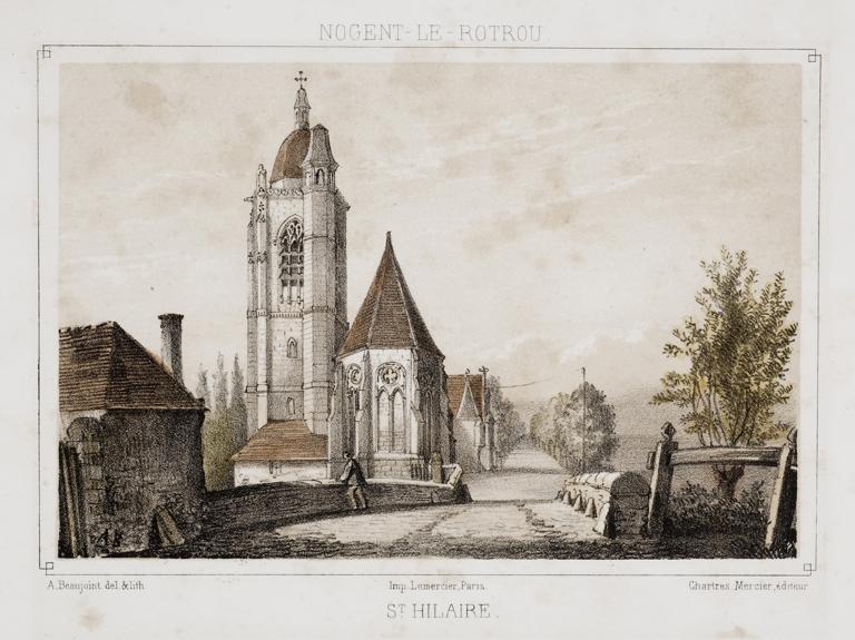 Lithographie, chevet et clocher, vue du nord-est (avant 1850). (Musée-Château Saint-Jean, Nogent-le-Rotrou). 