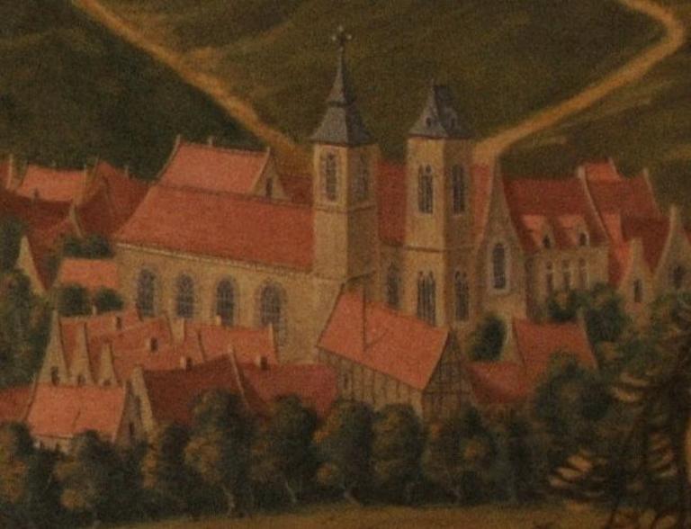 Vue cavalière, clocher et face nord, vue du nord-ouest (après 1624).