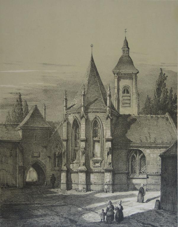 Lithographie : chevet, vue du nord-est (19e siècle).