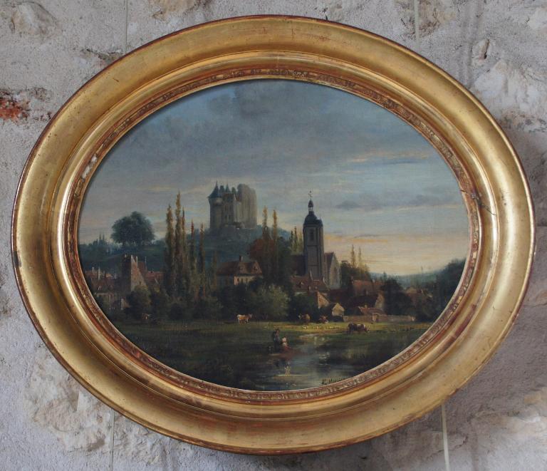 Peinture, clocher et face nord, vue du nord-ouest (vers 1860). (Musée-Château Saint-Jean, Nogent-le-Rotrou).