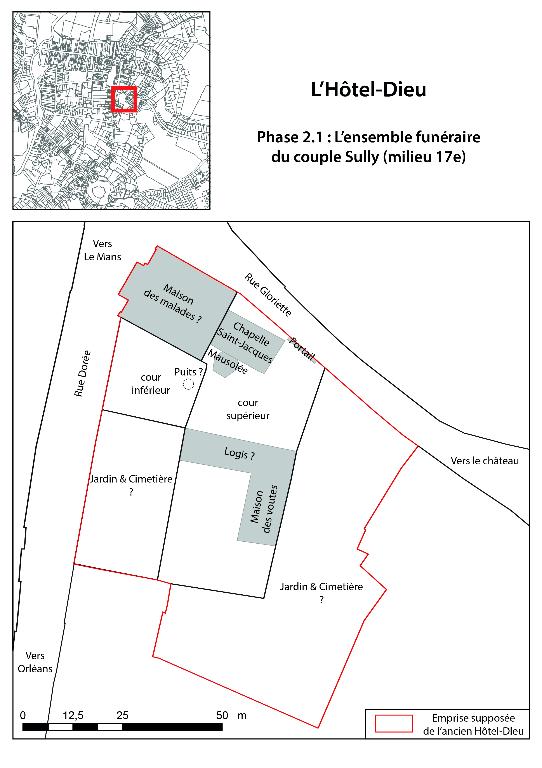 Plan de restitution de l'ensemble funéraire des époux Sully (milieu 17e siècle).