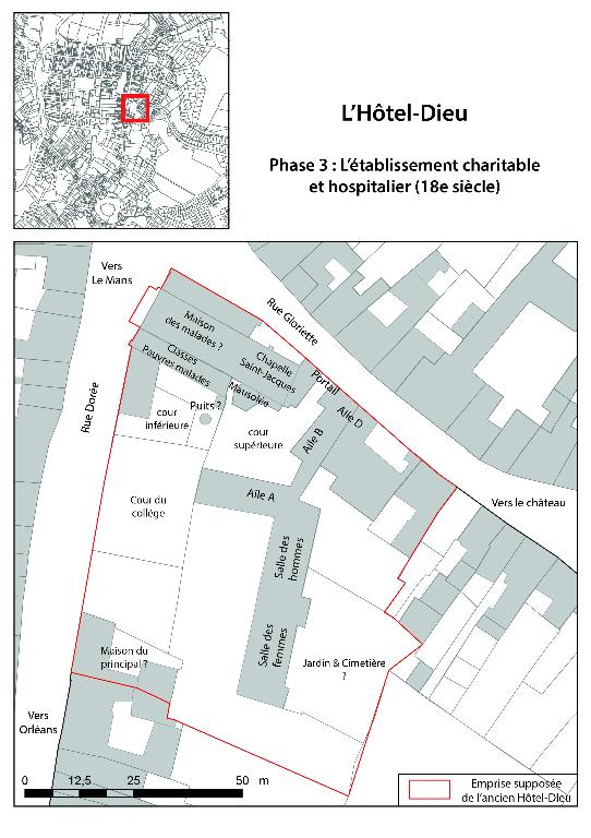 Plan de restitution : L'établissement charitable et hospitalier (18e siècle).