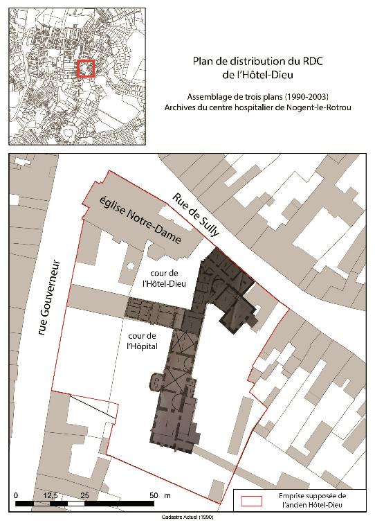 Plan de distribution du rez-de-chaussée de l'Hôtel-Dieu (1990-2003).