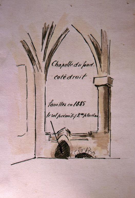 Aquarelle, chapelle axiale, intérieur, vue du nord (vers 1948). (Musée-Château Saint-Jean, fonds Massiot). 