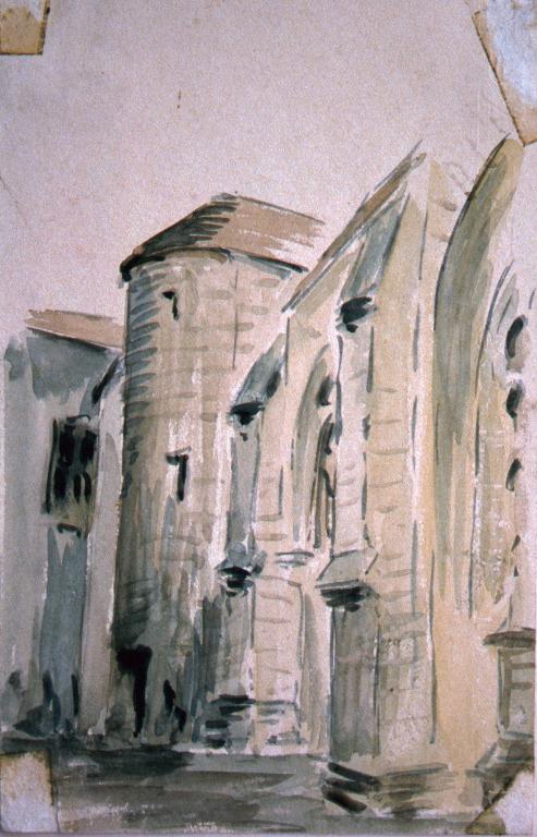 Aquarelle, chevet et tour d'escalier, vue du sud-est (avant 1948). (Musée-Château Saint-Jean, fonds Massiot).