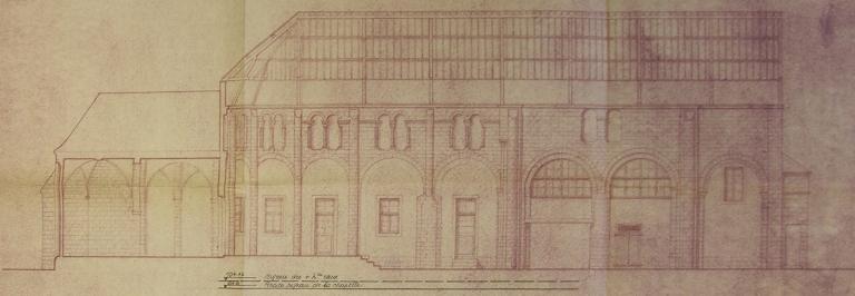 Coupe longitudinale, vaisseau central, gouttereau sud, 1947. (Médiathèque de l'Architecture et du Patrimoine, cartes et plans). 