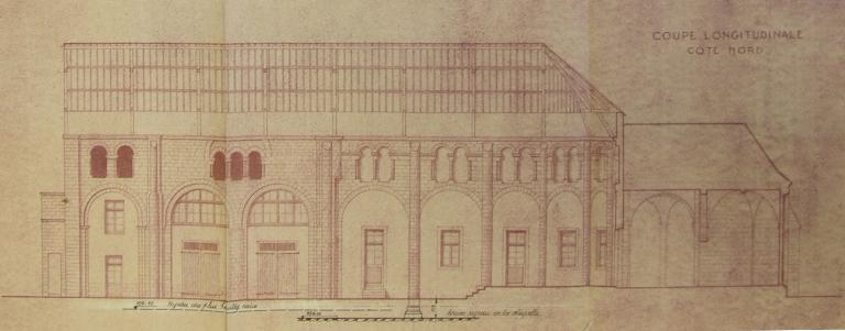 Coupe longitudinale, vaisseau central, gouttereau nord, 1947. (Médiathèque de l'Architecture et du Patrimoine, cartes et plans). 