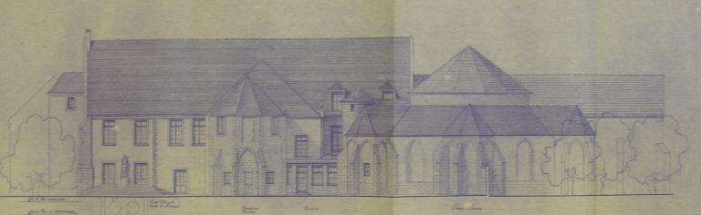 Elévation : aile est, église mariale et abbatiale vue de l'est (1948). ; Elévation, chevet et aile est, vue de l'est, 1948. (Médiathèque de l'Architecture et du Patrimoine, cartes et plans).  ; Elévations : aile est, église mariale et chevet de l'abbatiale, vue de l'est (1948).