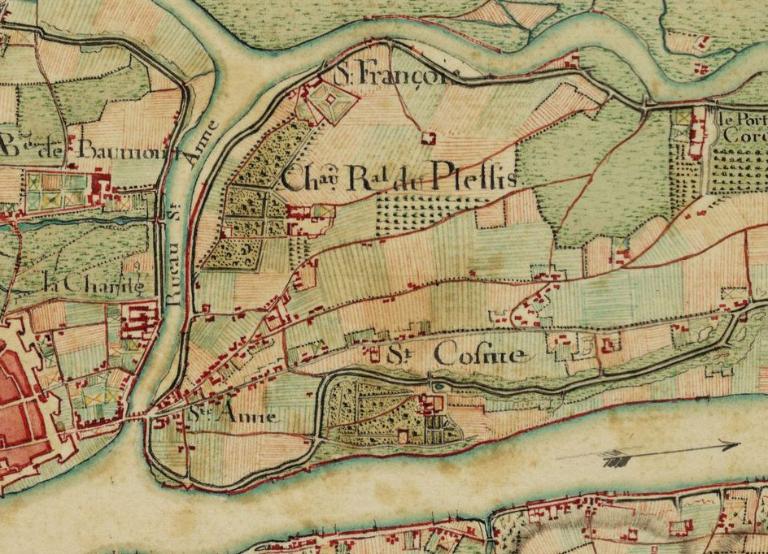 Le ruau Sainte-Anne sur une carte du cours de la Loire vers 1755 (Bibliothèque nationale de France, Cartes et Plans, Ge FF 17578 (res))  ; Sainte-Anne vers 1755 (BNF, Gallica). ; Le Plessis vers 1755.  ; Saint-Cosme vers 1755 ; Port Cordon (en haut à droite) sur une carte de 1755.  ; Les Minimes vers 1755.