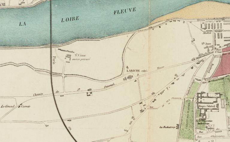 La Riche en bordure de la Loire en 1874 (Archives municipales de Tours, 2Fi 7) ; L'emprise de la "Ville" en 1874.