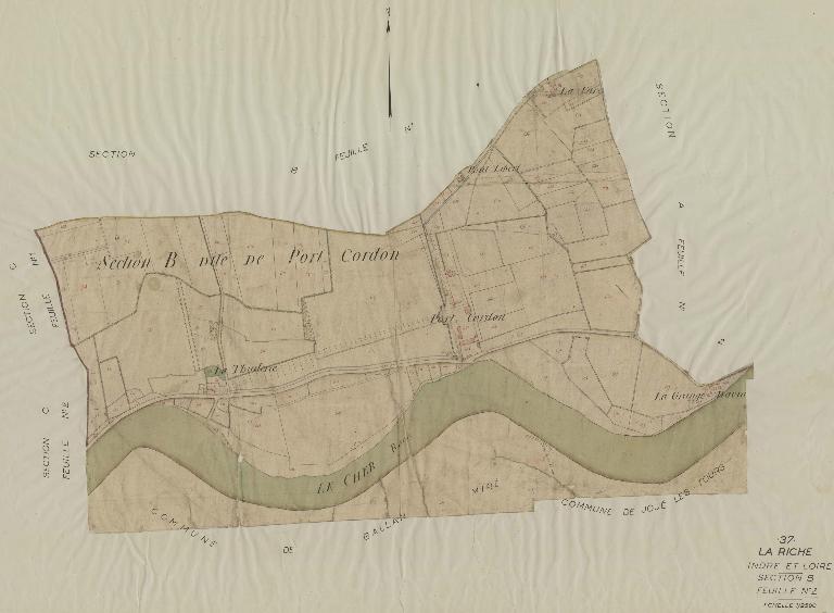 La Varenne sur le cadastre de 1808 (en haut à droite) ; Port Cordon sur le cadastre de 1808 : la demeure parcelle 659, la plus ancienne grange 664 (Archives départementales d'Indre-et-Loire).