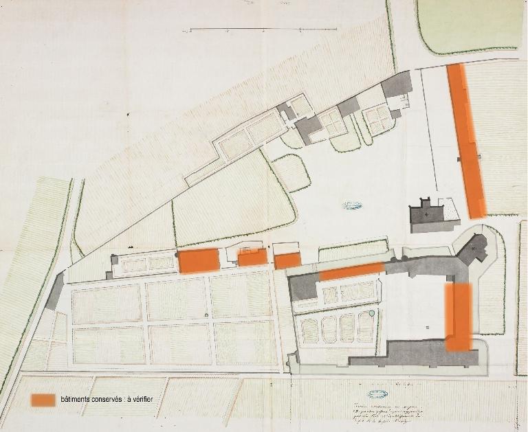 Le Plessis au 18e siècle. En couleur les bâtiments conservés en élévation. .